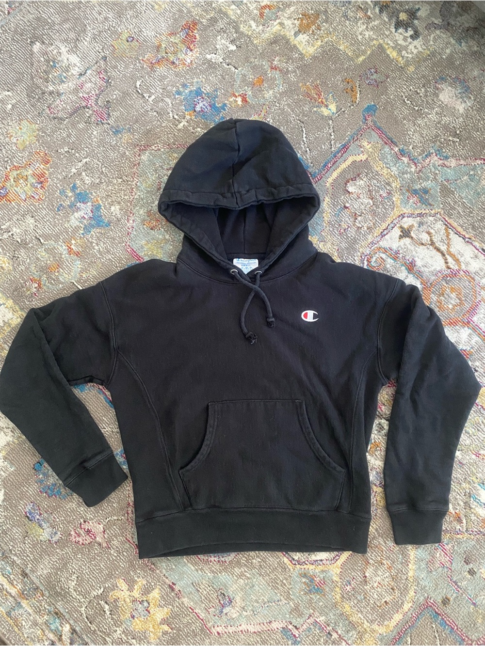 Champion Black Pullover Hoodie with Small Chest C Patch
